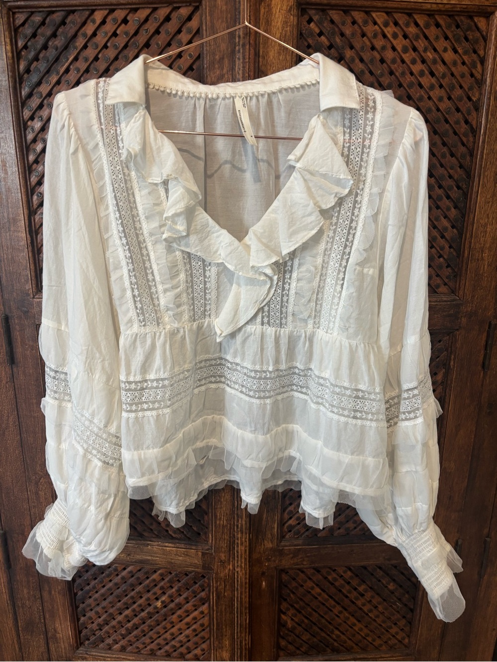 Anthropologie White Ruffled Lace-Trim Blouse